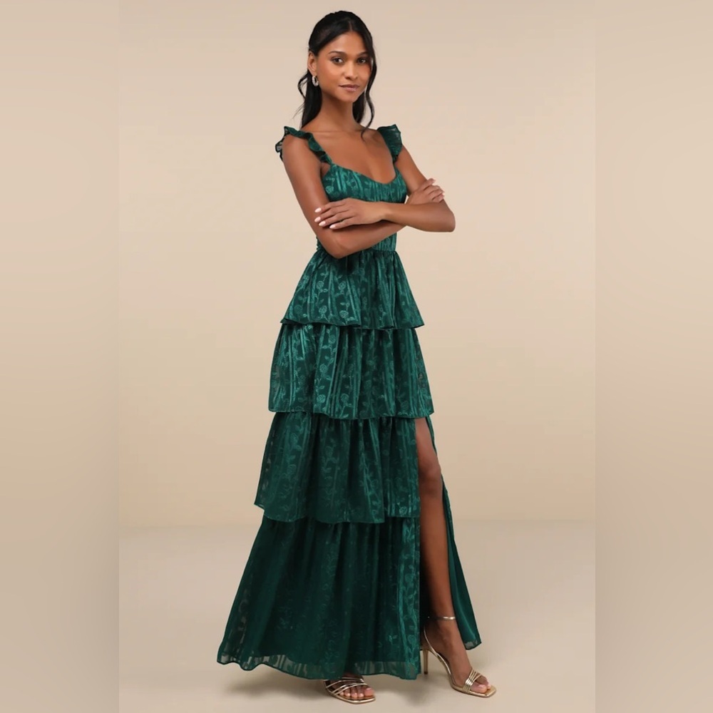 Lulus Stunning Glory Hunter Green Floral Jacquard Tiered Maxi Dress - Picture 4 of 11